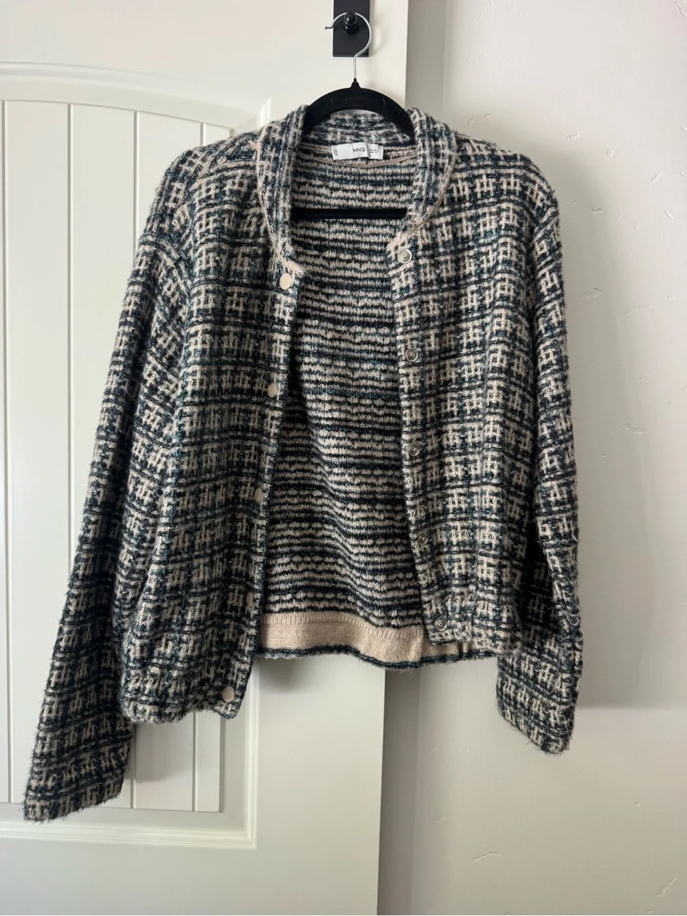 Mango Bouclé Plaid Jacket in Cream and Black